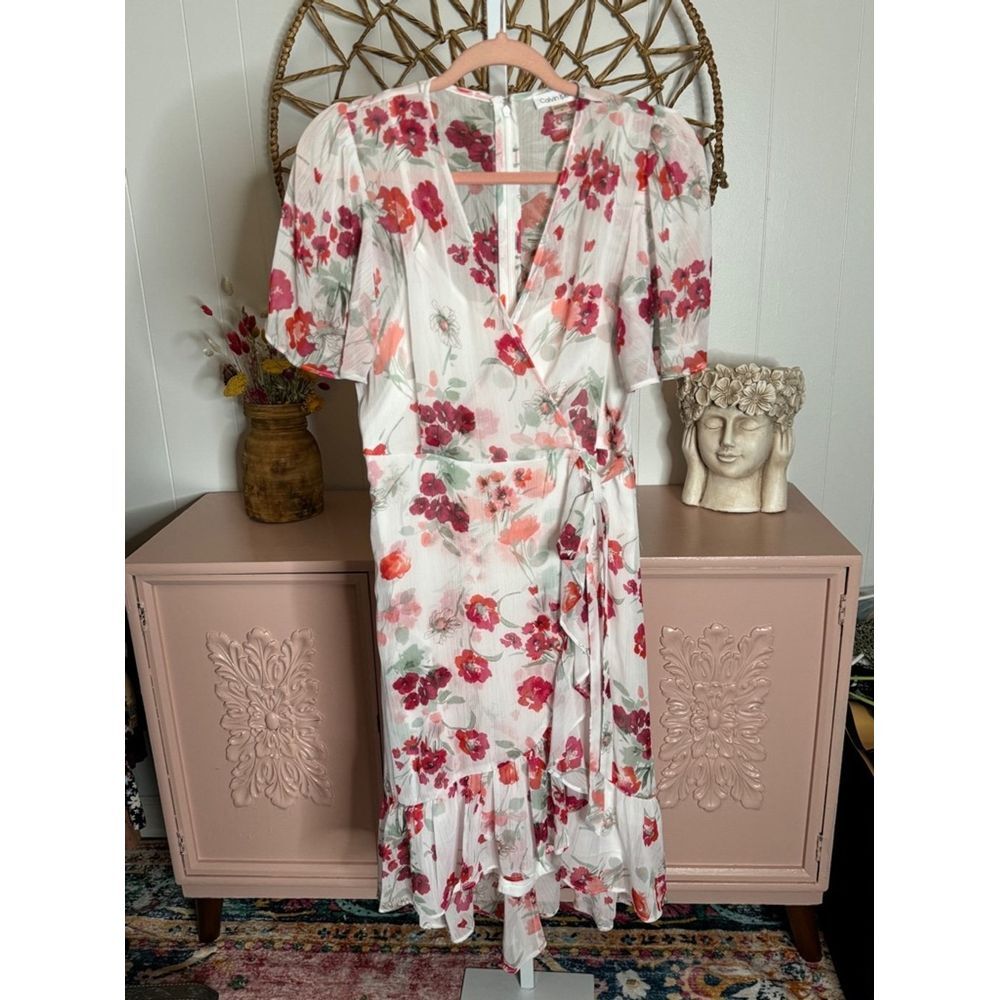 Women's Calvin‎ Klein Floral Dress Size 4 White Red